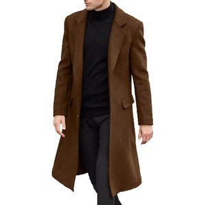 Men's Casual Trench Coat Slim Fit  Collar Overcoat Pea Coat with Pockets-Brown